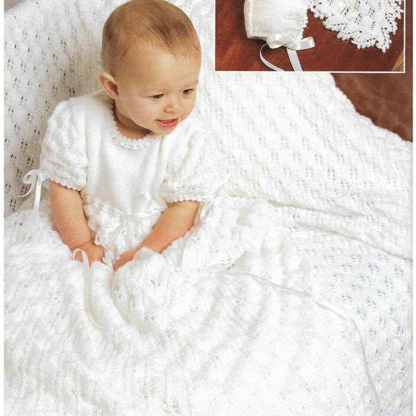 Baby Christening Dress- Robe- Bonnet- Shawl - 4 ply- Download Crochet Pattern-Birth- 12 Months PDF