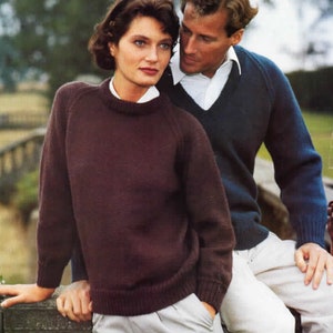 Classic Plain Unisex Aran Sweaters Mens Womens Round & V Neck Raglan Sleeve 26"- 44" PDF Instant download Aran 10 Ply Knitting Pattern