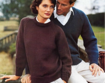 Classic Plain Unisex Aran Sweaters Mens Womens Round & V Neck Raglan Sleeve 26"- 44" PDF Instant download Aran 10 Ply Knitting Pattern