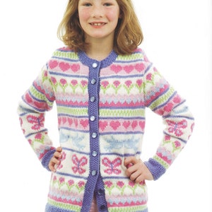 Girl's Fair Isle long Cardigan Hearts flowers butterflies in  DK 8Ply Light worsted wool size 4 - 10 years Knitting Pattern Download PDF