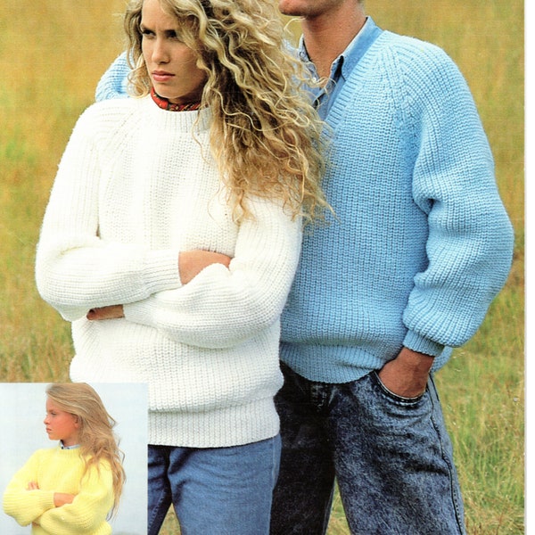 Easy Fishermans Rib Round & V Neck Textured His'n'Hers Sweater Raglan Sleeve 28" - 46" DK 8 Ply Light Worsted Knitting Pattern PDF Download