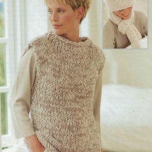Easy Womens Round Neck Sleeveless Sweater Polo Neck top Chunky sweater Hat & Scarf 30"-40" Super Chunky 14 Ply Knitting Pattern PDF download