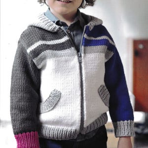 Peut inclure: Un sweat à capuche zippé en tricot gris, blanc et bleu avec une capuche et des poches. Les manches sont grises avec un poignet rose. Le devant est blanc avec des poches grises. La fermeture éclair est noire.