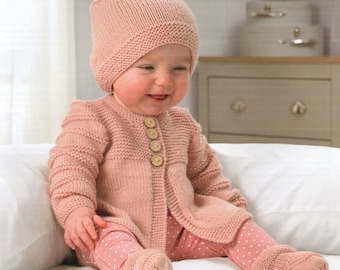 Easy Knit Baby Jacket Cardigan Hat Bootees 12" -20" ~ DK 8 ply Light Worsted yarn pdf instant download