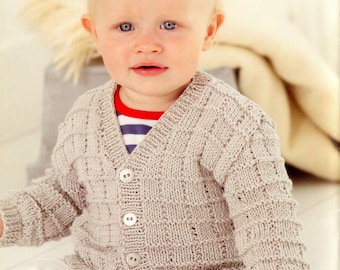 Boy's Knitted Textured V neck Cardigan & Waistcoat- Gilet - Fits from Birth up to 7 years- DK 8 ply  wool-Knitting Pattern Download PDF