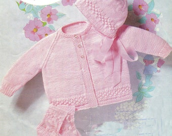 Raglan Sleeve Baby Cardigan & coat Bonnet Bootees Bobble border  Girl  18"- 20"  DK 8 ply Light worsted wool  Knitting Pattern PDF  download