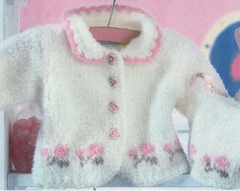 Baby Rosebud Jacket-cardigan jacket, Hat- Sizes fit from 1 Month - 18 months- Knitting pattern Download PDF- see images for more information