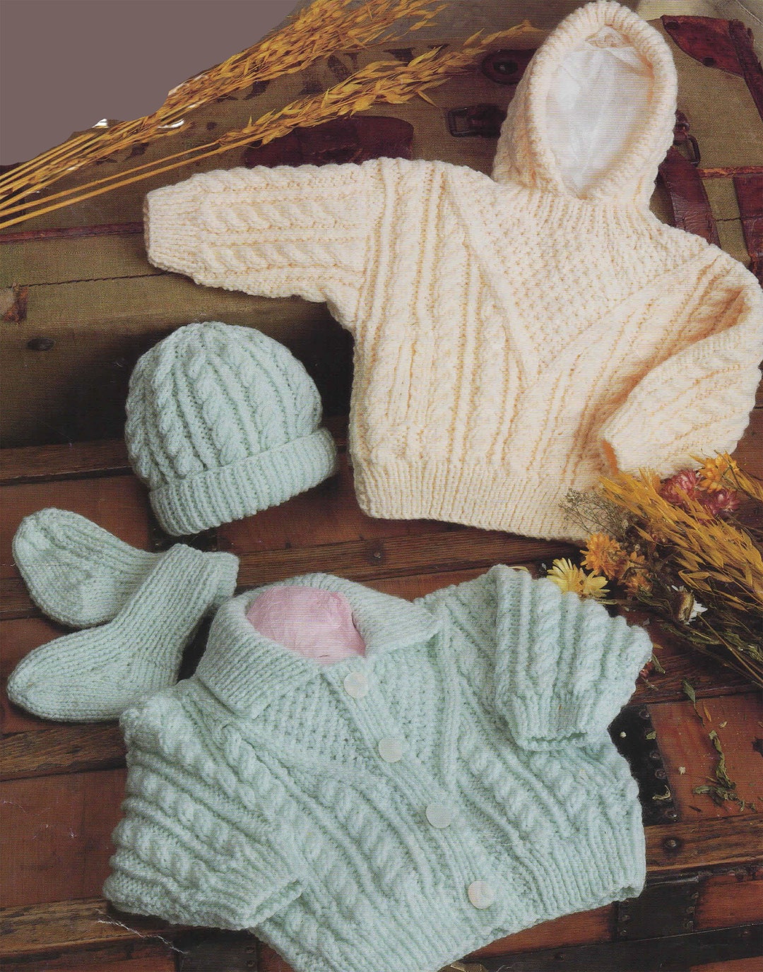Baby Childs Aran Cardigan Aran Hooded Sweater Cable Hat & Socks Fits 16