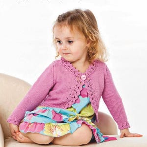Girl&#39;s Easy Bolero Cardigan with lace frilled edge Long sleeves, DK 8Ply Light worsted wool 51 - 66 cm chest Knitting Pattern Download PDF