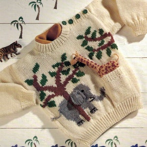 Baby Children Sweater Jungle Animal Sweater Giraffe Elephant and Giraffe Toy 20&quot;- 26&quot; 1-7 yrs 8 Ply DK PDF Instant download Knitting pattern