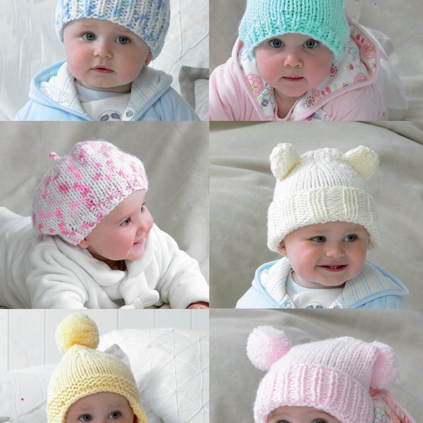 Baby Hats in Chunky wool- 6 styles, boy or girl - Birth-5 years ~ Chunky Bulky 12 Ply wool needed- Knitting Pattern PDF Instant download