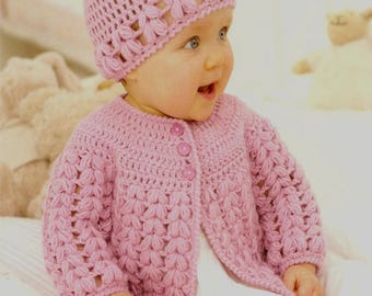 Little Girls Crochet hat & Yoked Jacket- Cardigan Crochet Pattern DK- 8 ply Yarn- Birth - 7 yrs ( 16-26") Download PDF