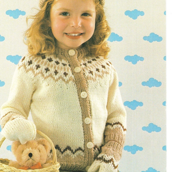 Girl's Fair Isle Cardigan & Matching hat Knitting Pattern DK (8Ply), Children 18-22 chest Instant Download PDF