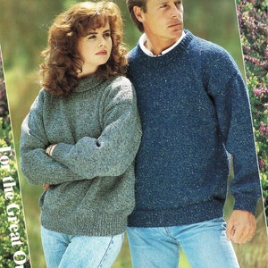 Easy Knit Sweaters Man- Womans 2 neckline syles - Aran 10 ply wool-32" - 46" larger sizes Knitting Pattern PDF Instant Download