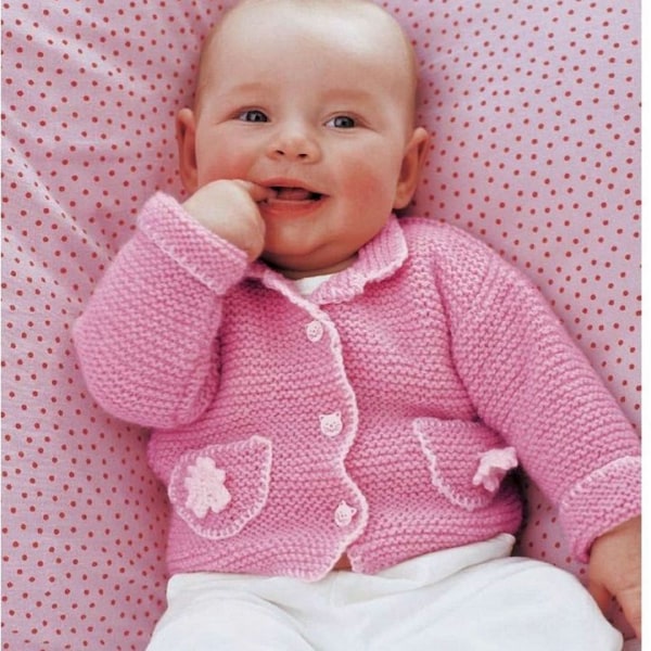 Easy Beginner Baby Garter Stitch Cardigan with flower pockets Fits 3- 12 months" ~ DK 8 Ply Yarn Knitting Pattern PDF Downloadable pattern