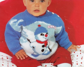 Christmas Snowman Baby Jumper round neck drop sleeves side neck fastening embroidered chart DK 8 PLY LIght worsted knitting pattern download