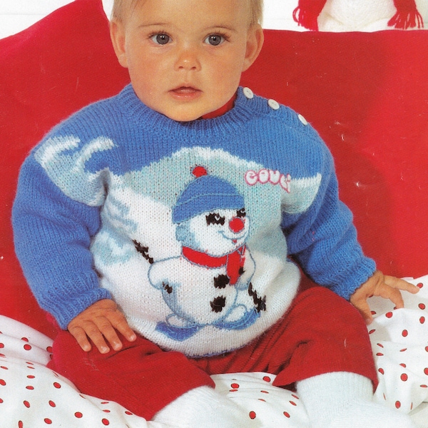 Christmas Snowman Baby Jumper round neck drop sleeves side neck fastening embroidered chart DK 8 PLY LIght worsted knitting pattern download