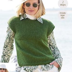 Womens Easy Beginner Round & V Neck Top Cap Sleeves Slipover Sweater Vest  30"-40" Aran 10 Ply Worsted Wool Knitting Pattern PDF download
