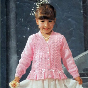 Girl&#39;s Lacy Peplum Cardigan Knitting Pattern - DK 8 ply Light worsted yarn- Fits 20&quot; - 30 ( 1-11 Years) Download PDF- Lovely Vintage pattern