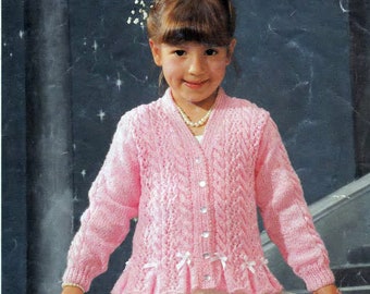 Girl's Lacy Peplum Cardigan Knitting Pattern - DK 8 ply Light worsted yarn- Fits 20" - 30 ( 1-11 Years) Download PDF- Lovely Vintage pattern