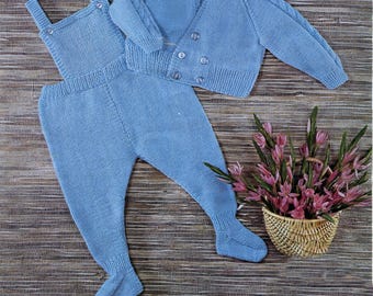 Boy's Girl's Knitted Dungarees & Double breast raglan Cardigan- Cable- 3-9 Months DK 8 PLY Light worsted- Knitting Pattern Download PDF