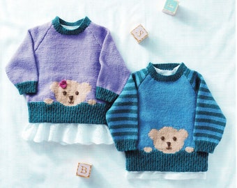 Baby Teddy Motif Raglan Round Neck Sweater Jumper 16"- 22" (0 - 2 years) ~ 4Ply Fingering Knitting Pattern pdf instant download