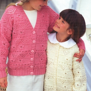 Girls Cardigan Jacket Fancy Lacy Eyelet Flower Round or V Neck 22 - 30&quot; ~ DK 8 Ply Light Worsted Knitting Pattern pdf Download