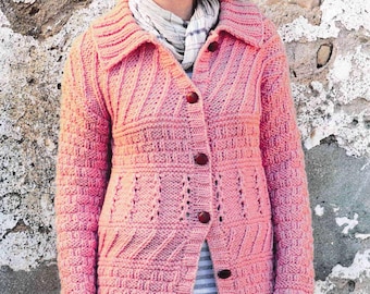 Woman's Chunky Textured Patchwork Style Long Jacket- Cardigan with collar- Chunky Bulky 12 ply Yarn- Knitting Pattern Download PDF