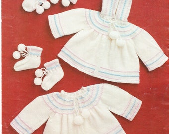 Hooded matinee coat, Knitted Jacket & Bootees with mitts- Vintage download PDF- 12" up to 18" Premie sizes Knitting Pattern- 4ply