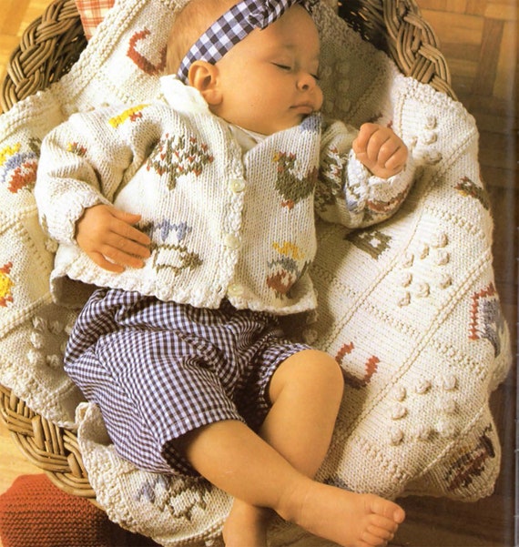 Baby Boy Girl Sweater Blanket Pattern Motifs ABC Chicken Doll