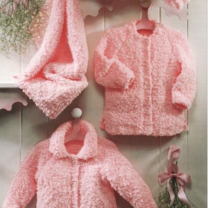 Baby Easy Round Neck Cardigan- collar, hat & Blanket Snowflake Chenille wool- sizes 16 "- 26" ( 0 - 6 yrs) Knitting Pattern download PDF