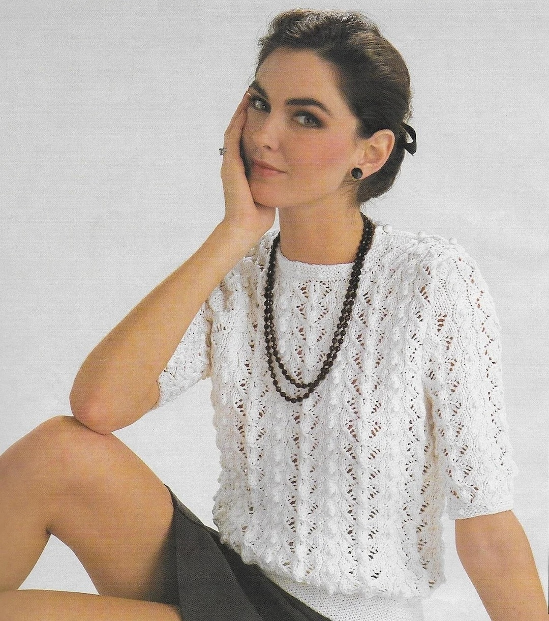 Womens Short Sleeve Lacy Round Neck Top 32 40 Cotton DK 8 Ply Light