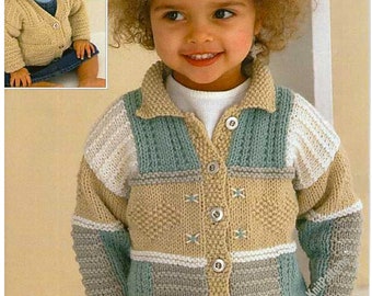 Child's Easy Knit V Neck or collared  Patchwork Cardigan Knitting pattern- Aran (10 ply) 18-28" (0-7 years) Download PDF