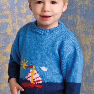 Simple Intarsia boy's sailor Sweater-Knitting Pattern- Round neck - drop sleeves- DK 8 PLY, Yarn - age 2-6 years PDF- Digital Download