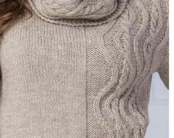 Woman's Asymmetrical Cable sweater & Matching Cowl- Round neck 35" -51.5" chest in  Aran 10 Ply worsted yarn- Knitting pattern PDF