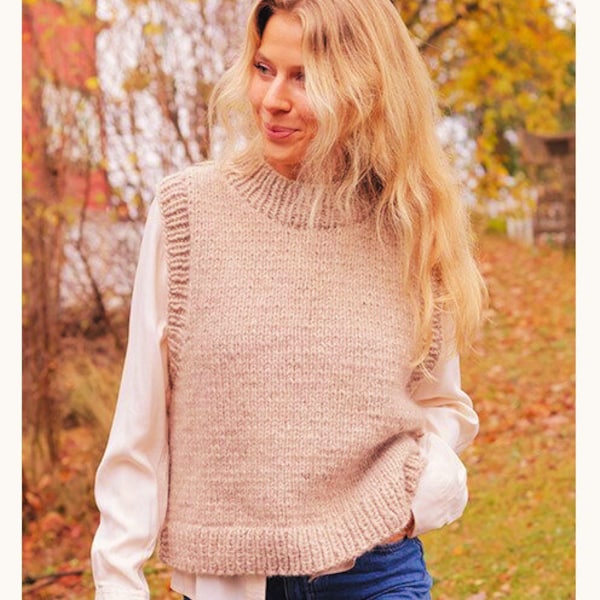 Easy Beginner Womens Round Neck Top Sleeveless Sweater Jumper Vest Slipover 36"-60" Super Chunky 14 Ply Wool Knitting Pattern PDF download