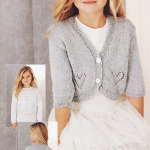 Girl's  Heart Bolero Cardigan Long 3/4  sleeves, DK 8Ply Light worsted wool 22" 30" chest, ( 2 - 11 yrs) Knitting Pattern Download PDF