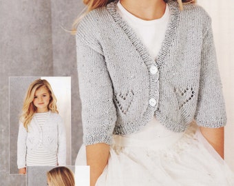 Girl's  Heart Bolero Cardigan Long 3/4  sleeves, DK 8Ply Light worsted wool 22" 30" chest, ( 2 - 11 yrs) Knitting Pattern Download PDF