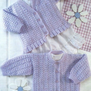 4ply-V neck & Round neck cardigan-frilly peplum border- 16-26" Download PDF Knitting Pattern