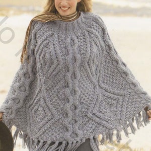 Woman's Knitted Round Neck  Super Chunky Cable Poncho- Fringed design-Knitting Pattern Instant Download- Super chunky- Super bulky wool