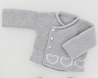 Easy Beginner Baby Garter Stitch Cardigan embroidered hearts & boots with pants=Premature - 6  months&quot; ~ 4 Ply Knitting Pattern PDF Download