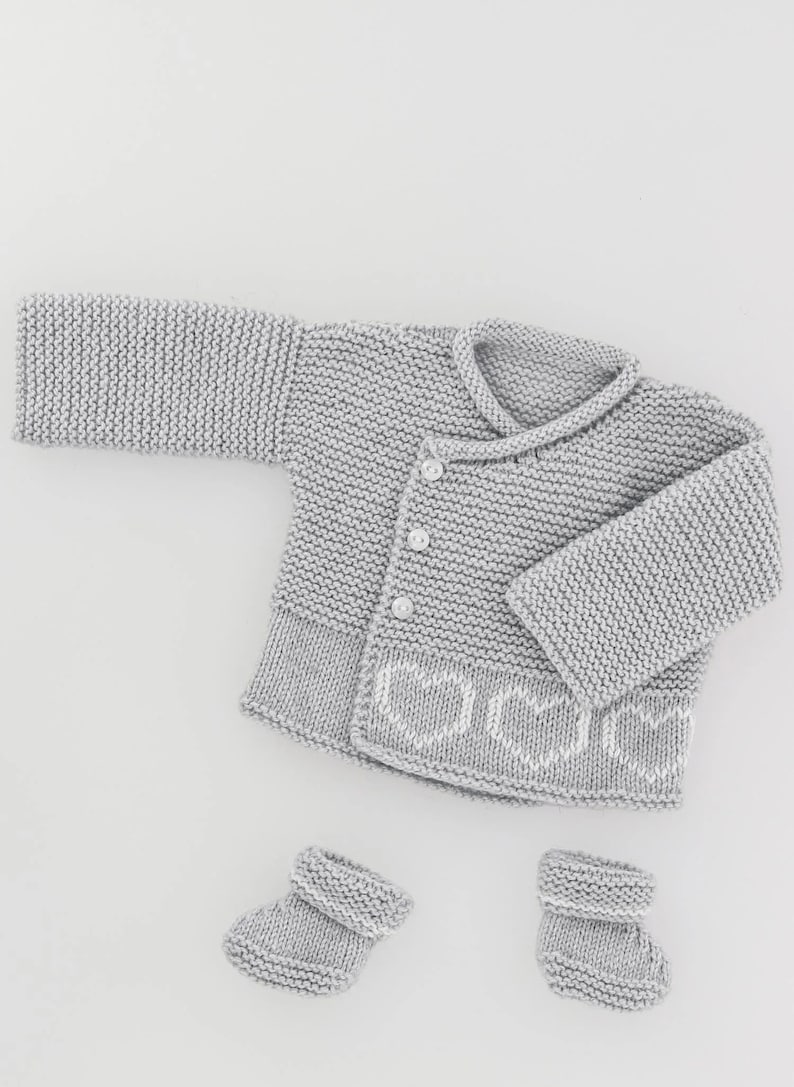 Easy Beginner Baby Garter Stitch Cardigan Embroidered Hearts & Boots