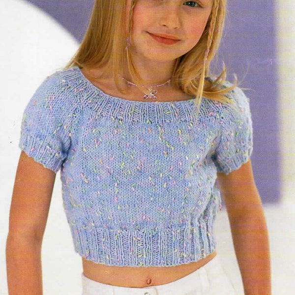 Girls  cropped Short sleeved Jumper- top  Scoop Neck -DK 8 Ply Light Worsted Knitting Pattern pdf Instant Download 24 - 34" (3 - 14 yrs)