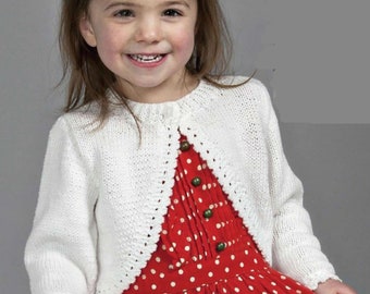Girl&#39;s Easy Bolero Cardigan with picot edge Long sleeves, DK 8Ply Light worsted wool 50 - 72 cm ( 6m - 7 yrs) Knitting Pattern Download PDF