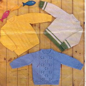Easy Beginners round neck Sweaters -3 Styles 18&quot;-22&quot; DK 8 Ply Light Worsted -  Knitting Pattern pdf Digital Download Boys-Girls Vintage knit