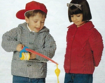 Boy Girl Hooded Cable jacket & Cardigan with collar Pockets - size  20 - 30" - Knitting pattern Download Chunky Bulky wool