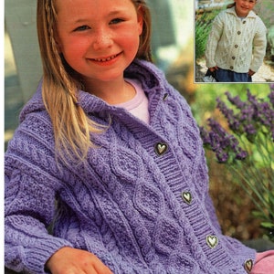 Girl&#39;s Hooded Aran jacket & Cardigan with collar  pattern- 22 - 32&quot; ( 1-12 yrs) Aran 10ply Worsted wool- Knitting pattern Download