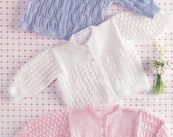 Baby Textured  Round Neck Cardigans - 3 styles in  DK 8Ply Light worsted wool fits 16" - 20" chest Knitting Pattern pdf Digital Download
