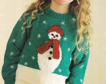 Childrens DK Snowman- Christmas- Festive sweater- Boy Girl Toddler Knit  DK/8 ply- chest 22-34 Ins- Instant download Knitting Pattern PDF