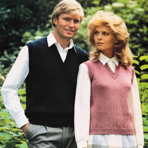 Womens - Mans V Neck Tank Top sleeveless sweater -Easy plain Knitting from the  80s DK- 8ply wool  32&quot; to 44&quot; Knitting pattern PDF download